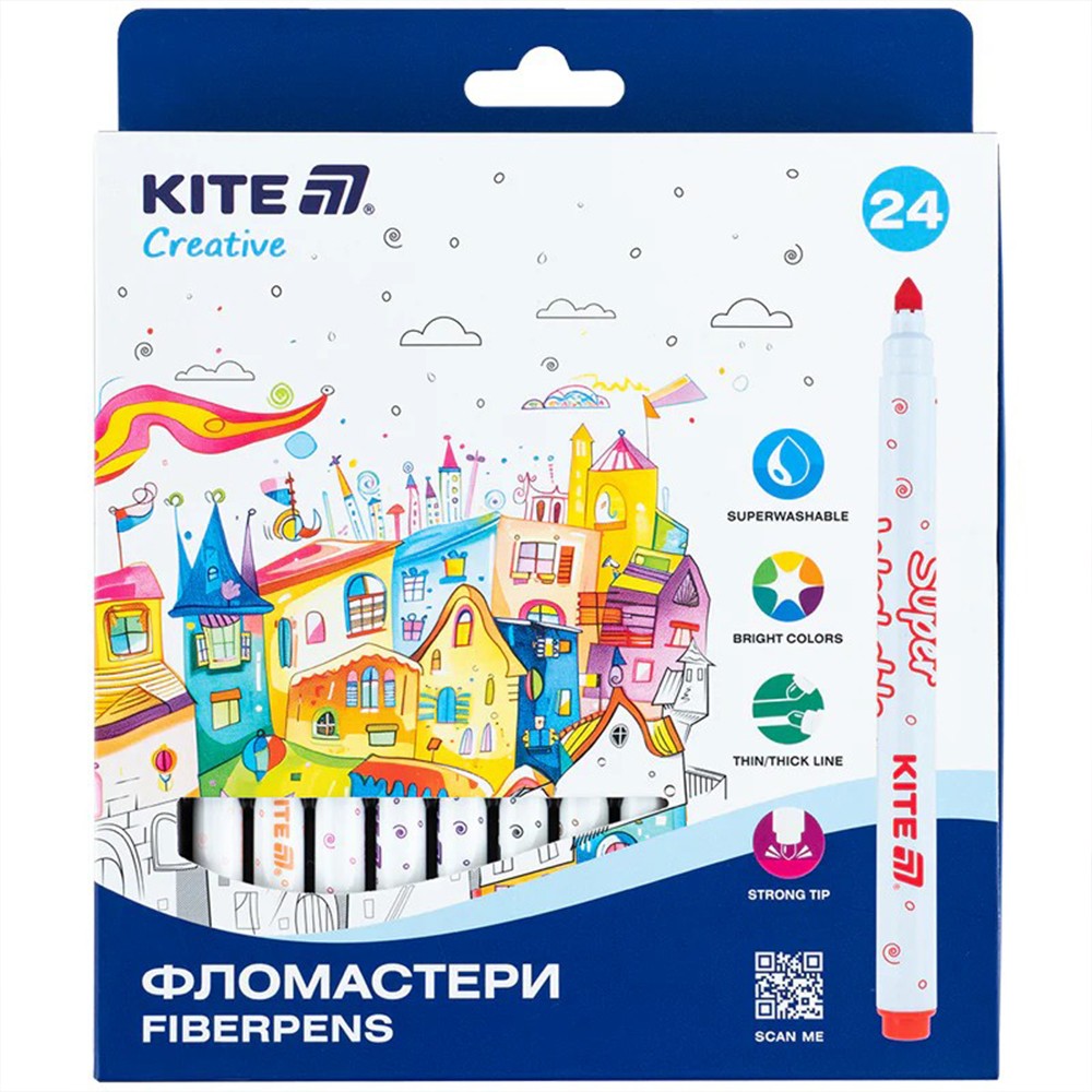 Фломастеры Kite Creative Superwashable 24 цветов K-1153